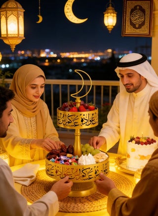 صينية رمضان ذات طبقتين، قطعة زينة لطاولة رمضان، زينة رمضان للمنزل، حامل عرض رمضان للمعجنات والحلويات والفواكه وغيرها (ذهبي) - view 2
